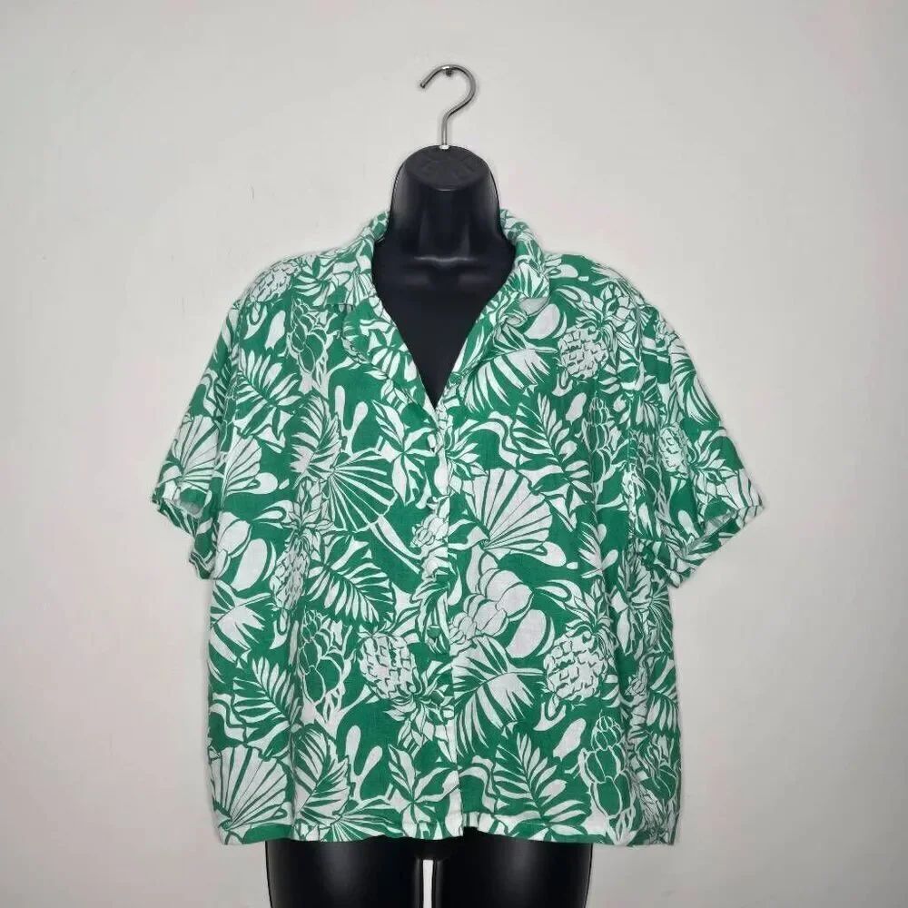 Nicole Miller 100% Linen Button-up Shirt Size Large Green White Tropical Beach V